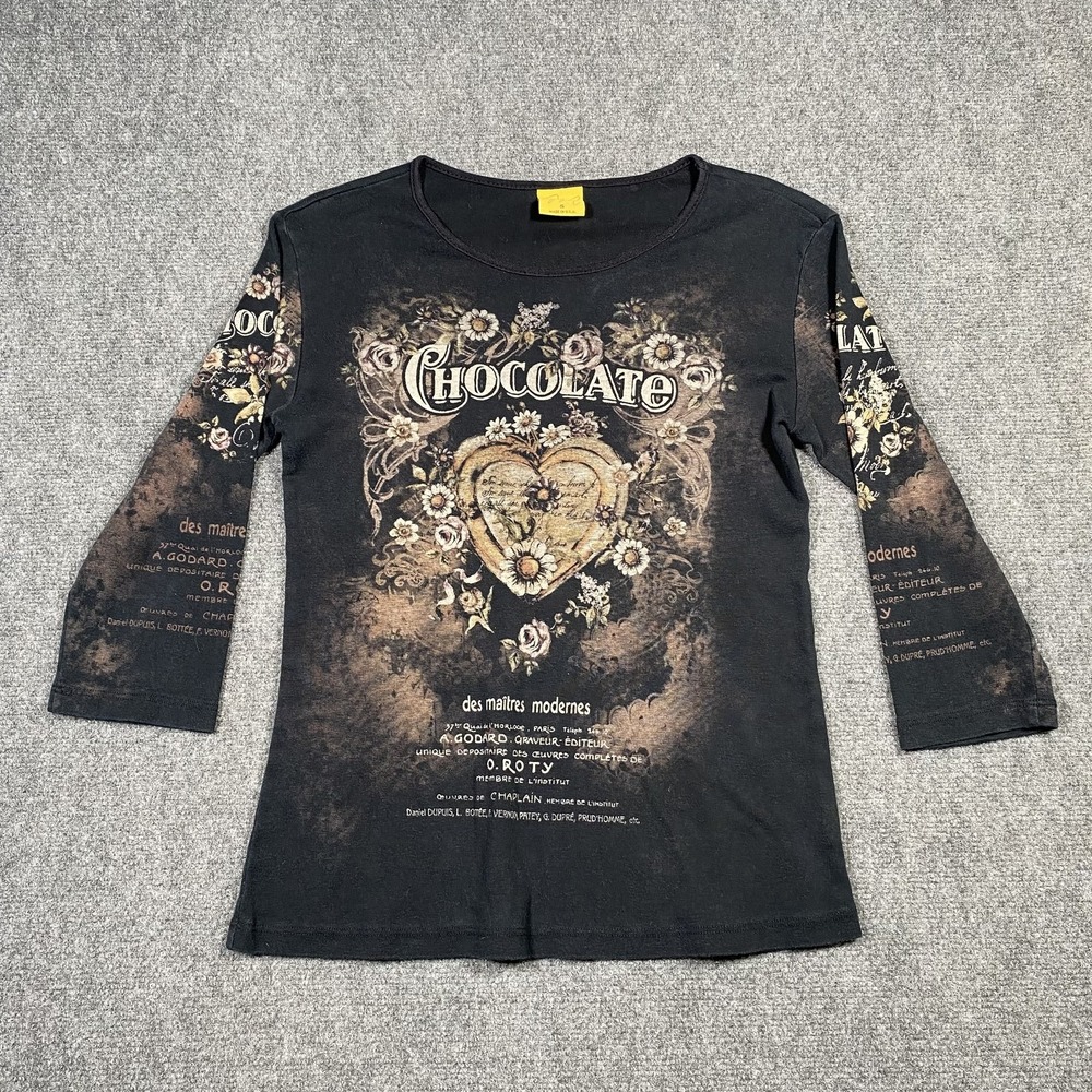 Mona Lisa Shirt‎ Womens Small Black Chocolate Heart Floral Graphic Y2K Style USA